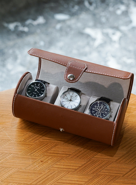 手表收纳盒 碳纤纹棕色PU皮3只装腕表机械表收藏包礼品盒便携防尘