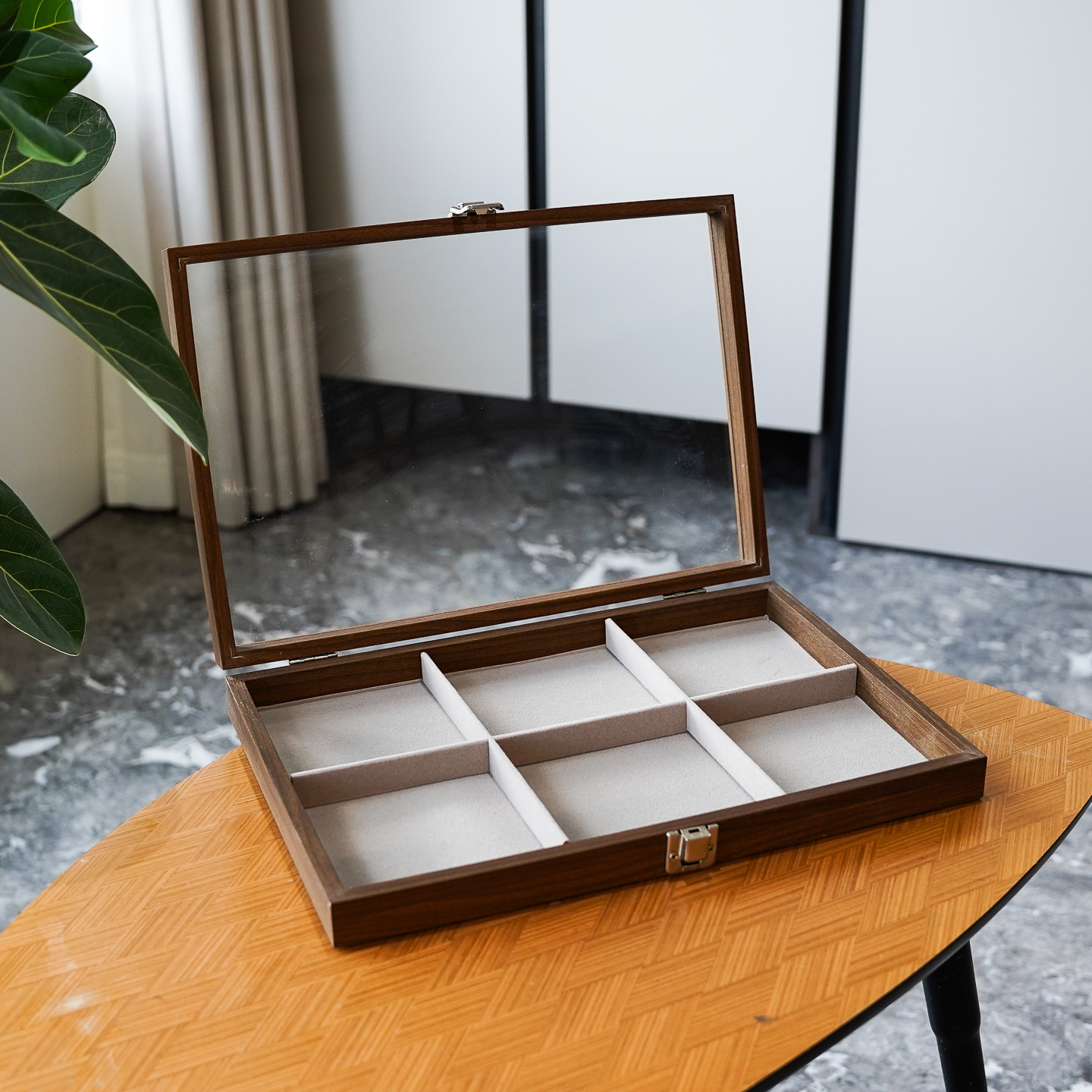 胡桃木纹灰绒6格首饰收纳展示盒