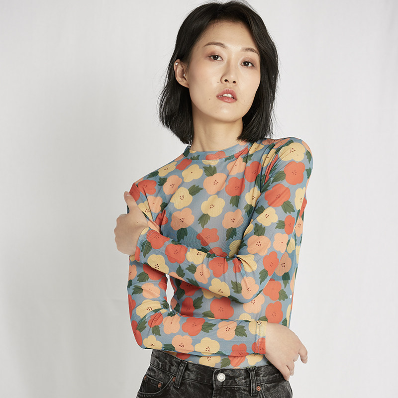 泫雅风少女花朵印花防晒打底衫女春夏薄款长袖内搭上衣小清新t恤