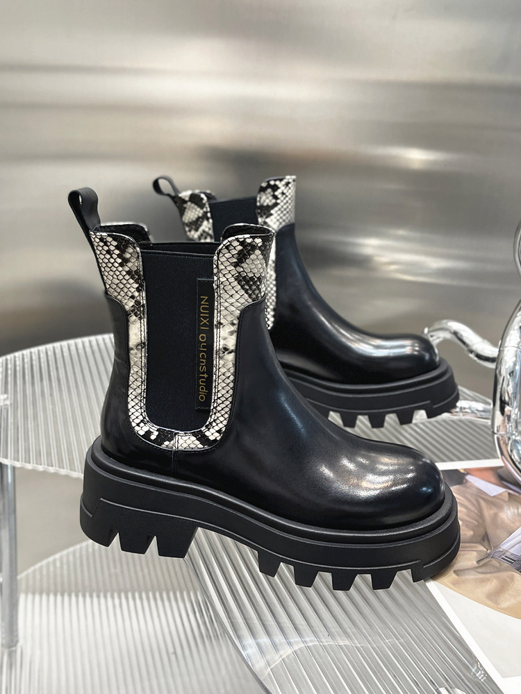 CHELSEA BOOTS WOMENS BRITISH STYLE AUTUMN AND WINTER 2024 NEW LEATHER PLATFORM AND FLEECE EUROPEAN SKINNY CIGARETTE BOOTS
