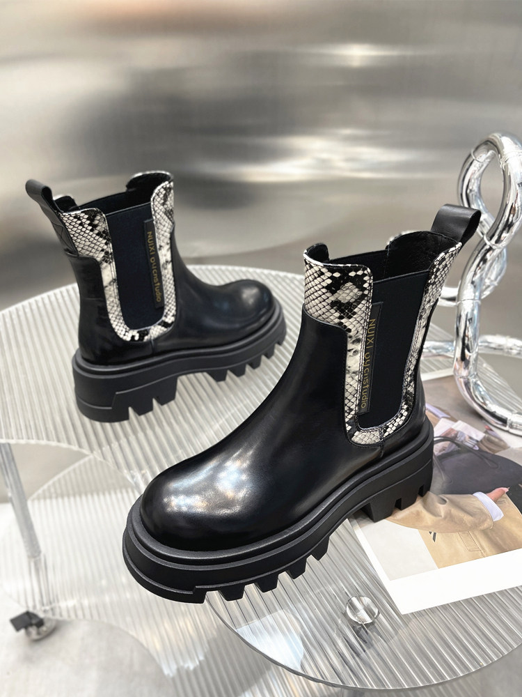 CHELSEA BOOTS WOMENS BRITISH STYLE AUTUMN AND WINTER 2024 NEW LEATHER PLATFORM AND FLEECE EUROPEAN SKINNY CIGARETTE BOOTS