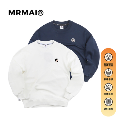 MRMAI CHILL系列秋冬简约LOGO刺绣白色藏青通勤打底圆领套头卫衣
