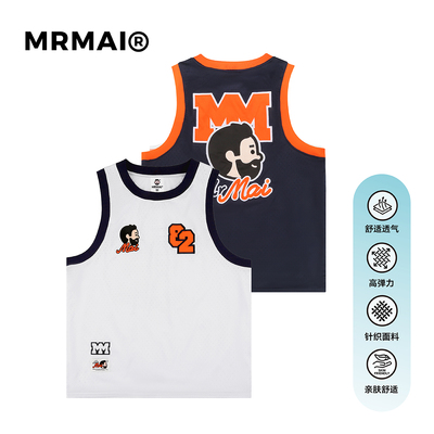 MRMAI CHIILL系列刺绣贴布绣白色藏青宽松双层网眼运动篮球背心