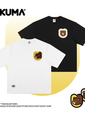 UKUMA梦乡主题系列新款魔术贴徽章黑白运动休闲宽松版圆领短袖T恤