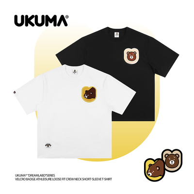 UKUMA梦乡主题系列新款魔术贴徽章黑白运动休闲宽松版圆领短袖T恤