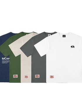 MCREW CA BEAR 加州熊刺绣LOGO白色麻灰蓝纯棉印花圆领短袖T恤