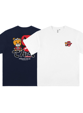 MMLABCREW XMBEAR系列和风天狗印花白色藏青深蓝纯棉圆领短袖T恤