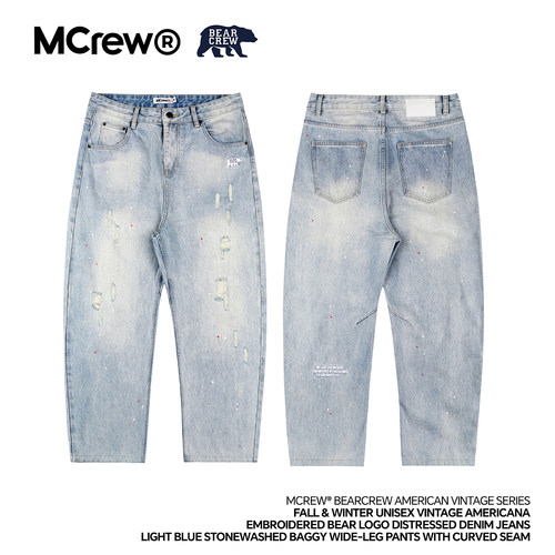 MCREW复古熊标破洞宽松牛仔裤