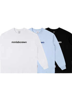 MMLABCREW秋冬新款简约logo印花白色藏青深蓝宽松纯棉圆领长袖T恤
