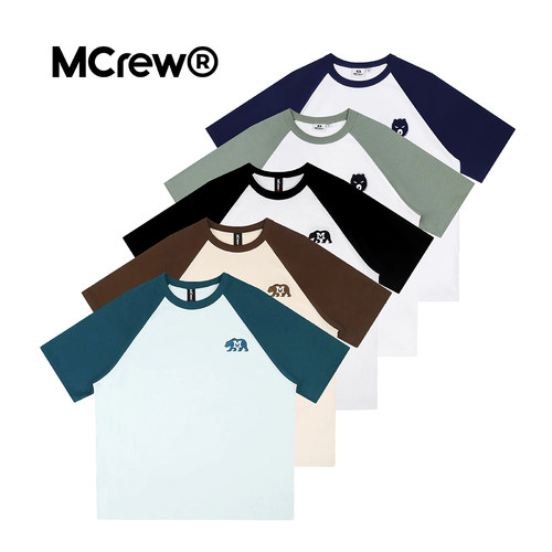 MCREW夏季新款简约LOGO刺绣棉质重磅宽松版拼色插肩短袖T恤