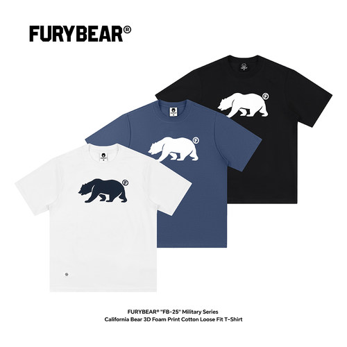 FURYBEAR熊怒军事风系列加州熊立体发泡印花棉质圆领宽松短袖T恤