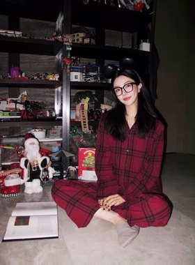 高定ROMI同款红格子洋气高级感衬衫家居服睡衣套装两件套带收纳袋