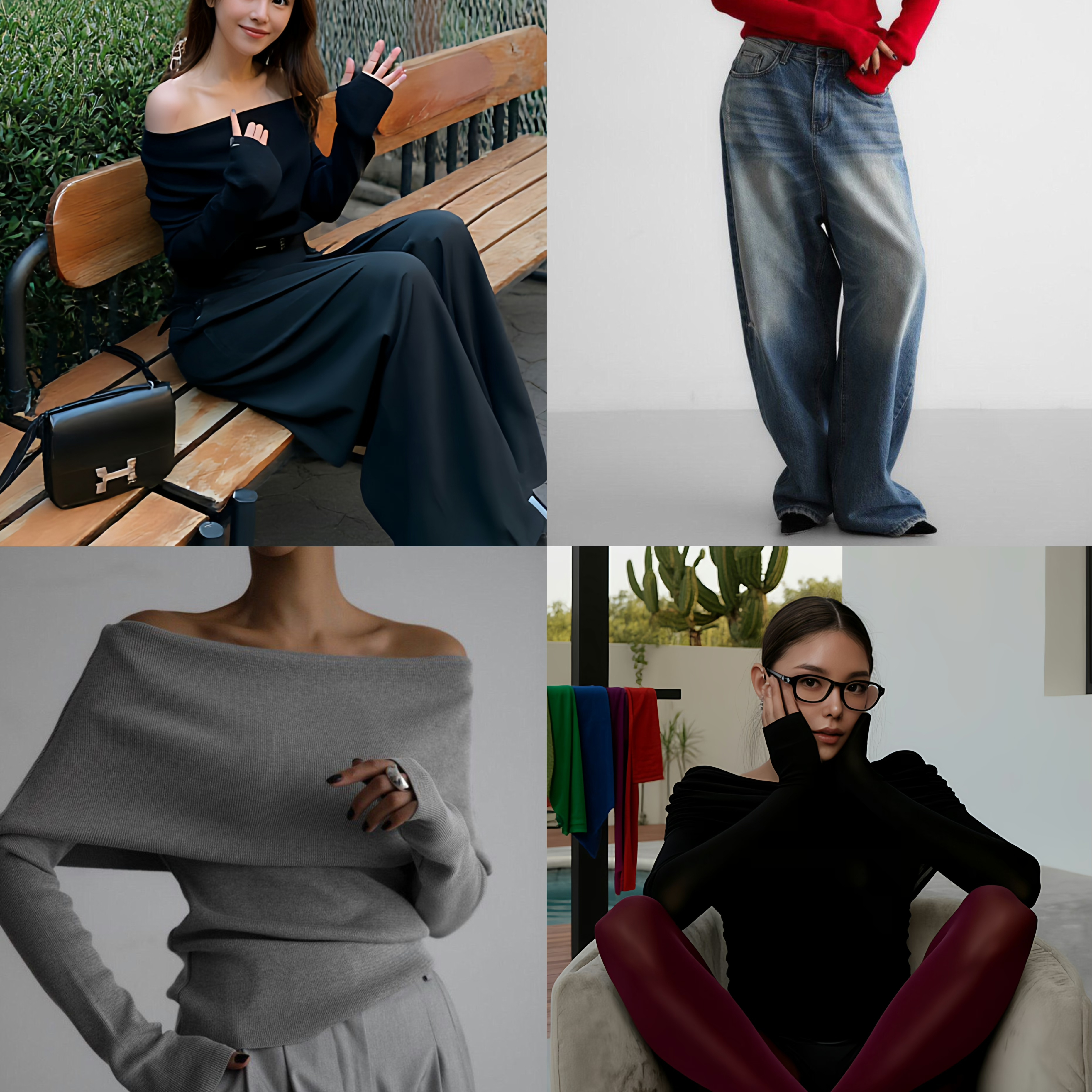 VibrantChic一字领披肩两用气质设计师款长袖修身上衣女打底衣