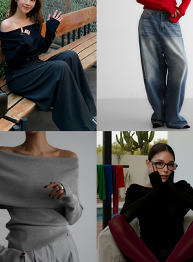 VibrantChic一字领披肩两用气质设计师款长袖修身上衣女打底衣