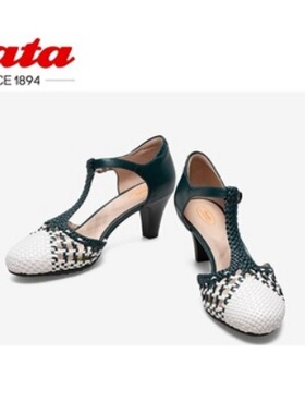 Bata凉鞋女单2023春商场新款真羊皮玛丽珍高跟单鞋AD302AK1