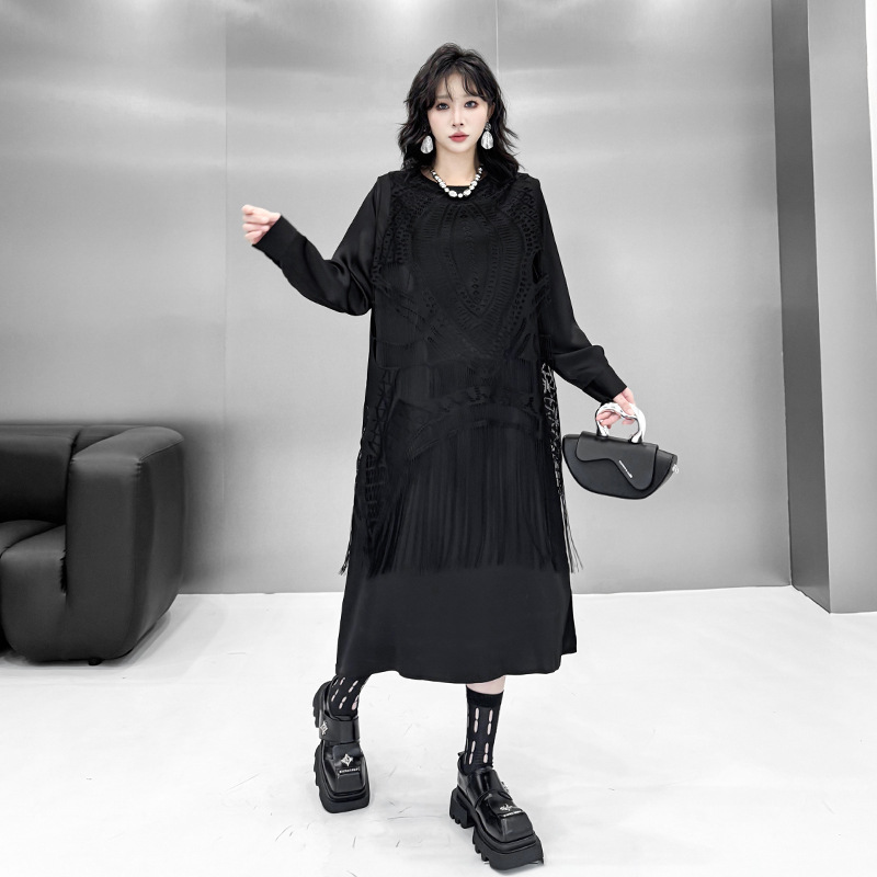 大码女装2025夏新款名媛风时尚流苏遮肚显瘦中长款宽松显瘦连衣裙