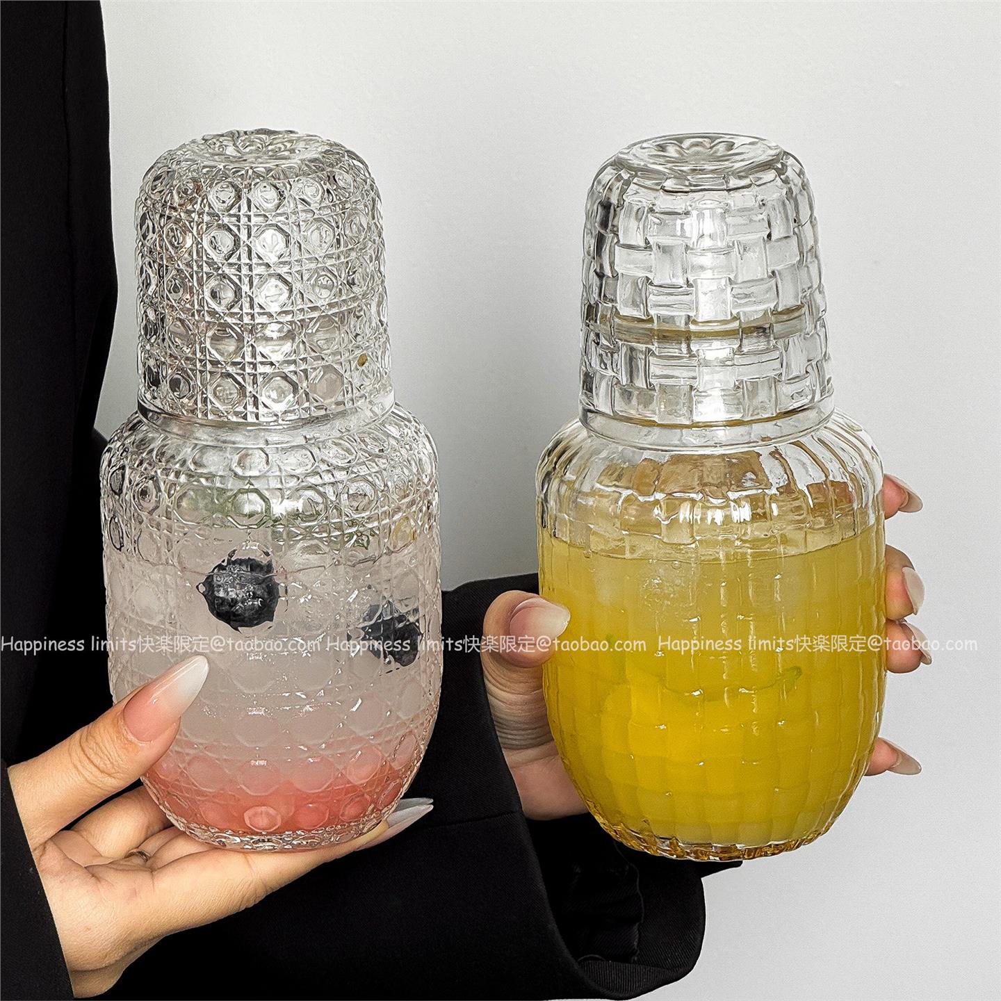 玻璃宝石格纹壶日式复古家用果汁壶冷饮冰水冷水壶波光纹玻璃瓶