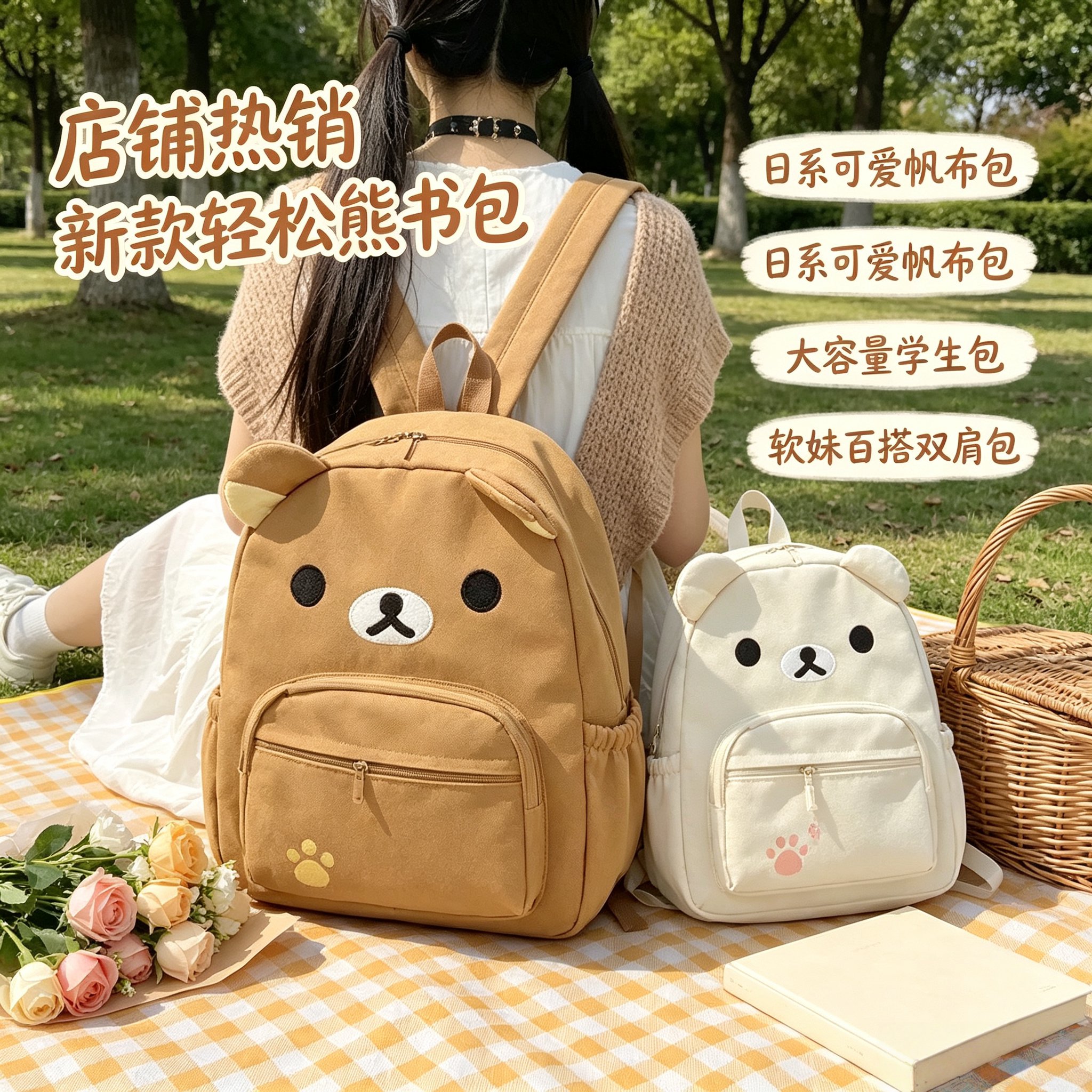 2026新款日系可爱小熊背包帆布双肩包高颜值百搭学生书包生日礼物