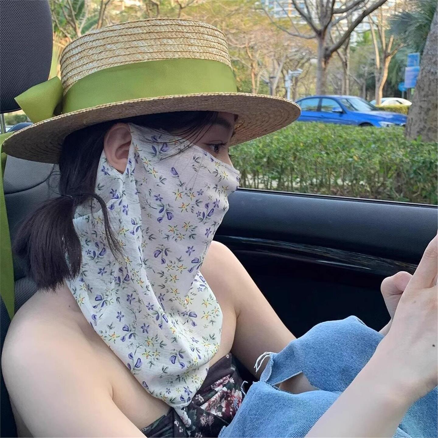 夏季防晒口罩护颈女防紫外线面罩带围脖薄款透气全脸遮脸丝巾面纱