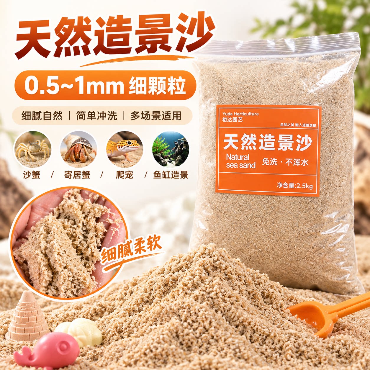 天然造景沙海沙底砂0.5-1mm细颗粒鱼缸陆龟造景材料2.5kg水洗海沙