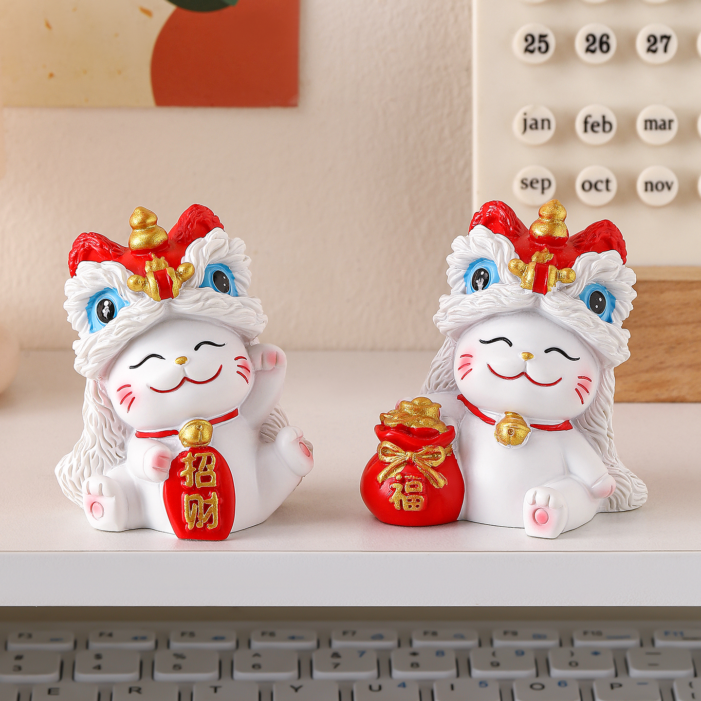 国潮醒狮招财猫桌面工位小摆件