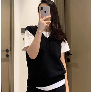 韩版休闲宽松短款黑色V领羊绒马甲背心女春秋冬外穿大码毛衣坎肩