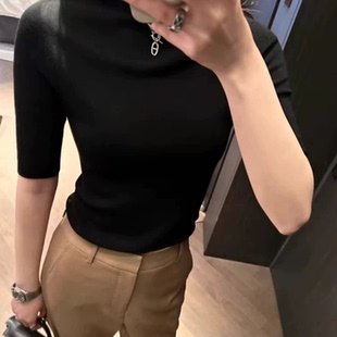 修身薄款细羊毛黑色半高领五分袖打底衫女春秋针织外穿短袖毛衣
