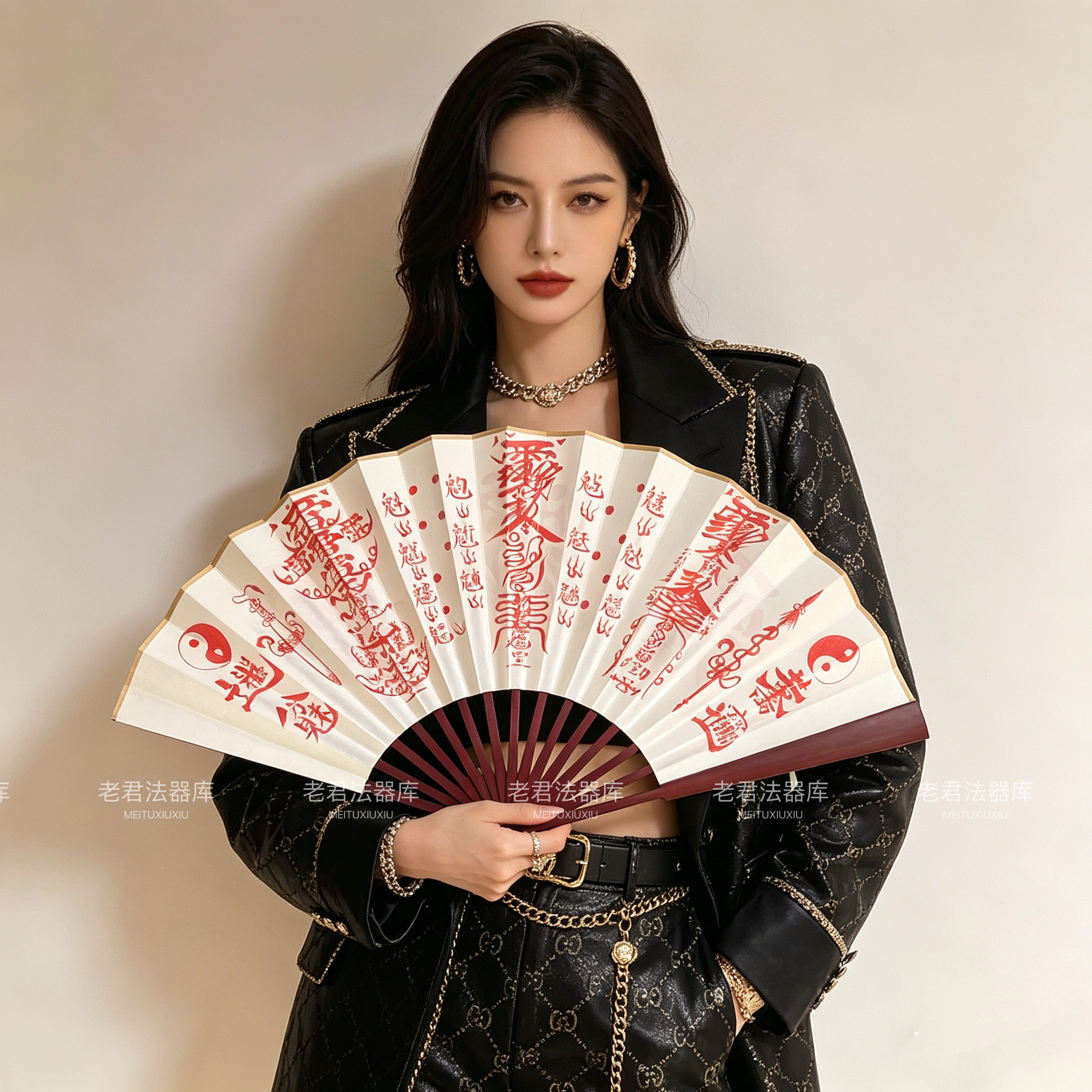 北帝五雷道家法扇北极三清灵宝朱砂画手工宣纸折扇定制高级