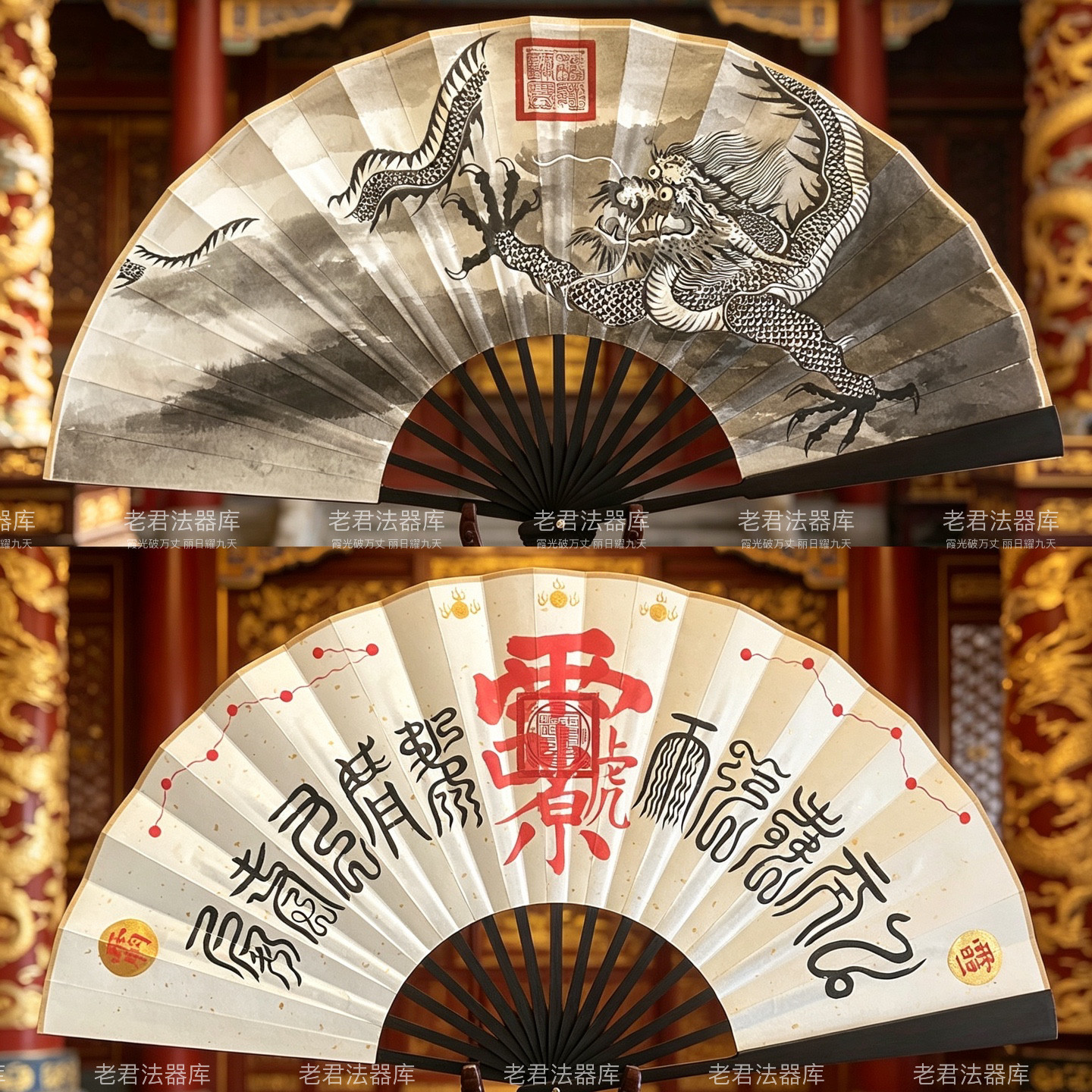 手绘九天应元雷神扇子云龙道家法扇朱砂宣纸折扇中式国风高级定制