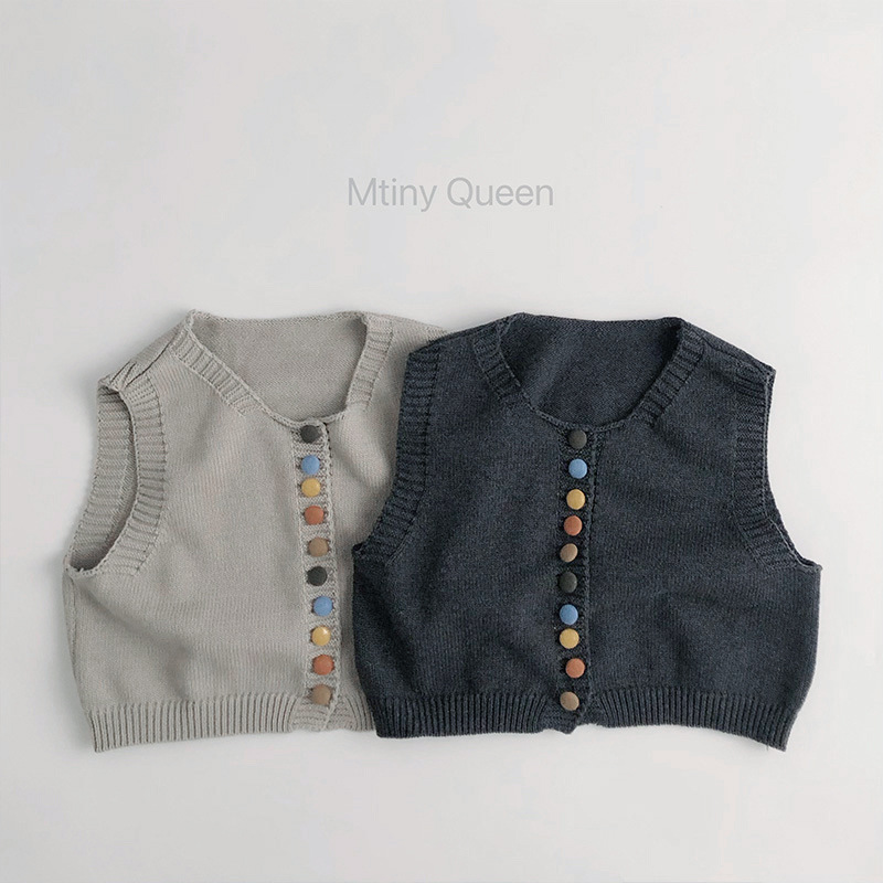 Mtinyqueen~韩版春秋儿童毛衣针织背心男女宝童装彩色扣子潮