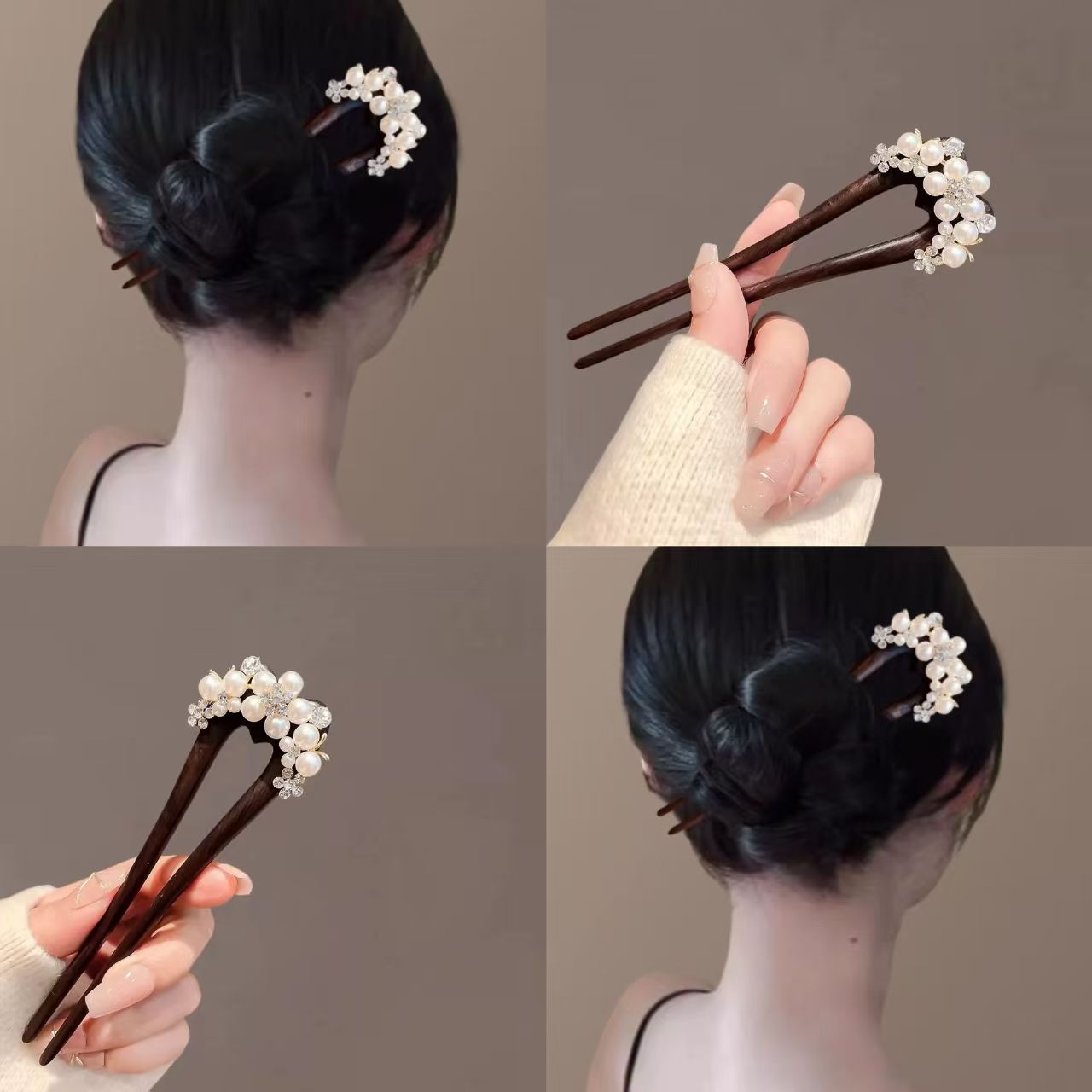 珍珠U型发簪黑檀木双钗发簪女簪子中式新款发钗旗袍丸子头饰a301