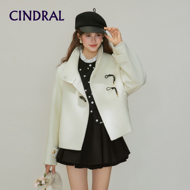 Cindral熙地茧型立领羊毛外套女新款宽松廓形不对称门襟毛呢大衣