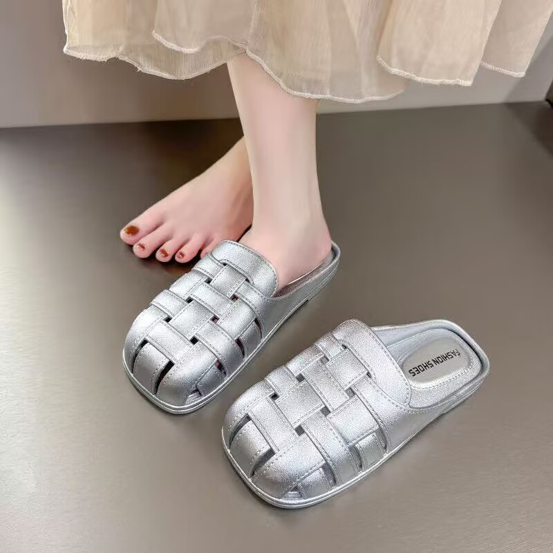 韩版手工复古罗马编织半包凉拖鞋夏季女百搭软底包头半拖