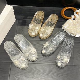 果冻水晶凉拖鞋女夏外穿增高百搭网红厚底防滑沙滩一字拖中跟时尚