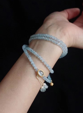 天然海蓝宝手链蓝色水晶多圈手串