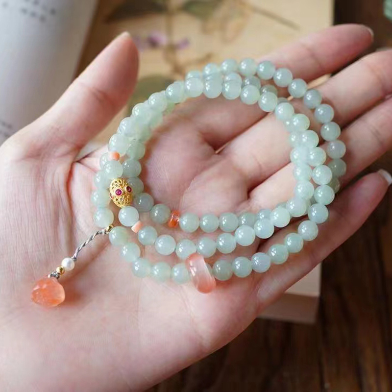 翠色欲滴天然和田玉手链多圈手串南红玛瑙莲蓬精致百搭中国风女款