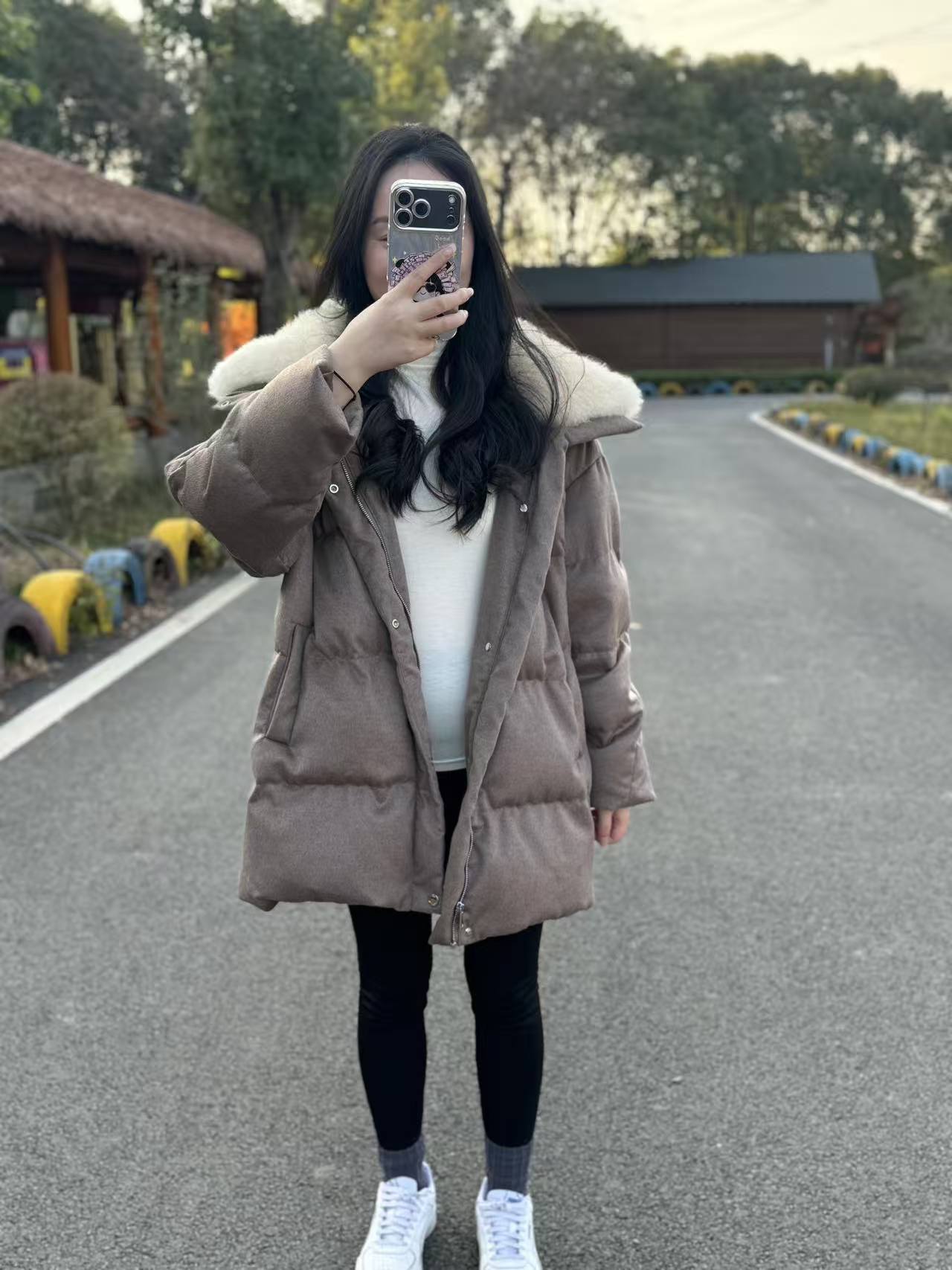 山羊绒毛领天丝羊毛面料90白鹅绒中长羽绒服