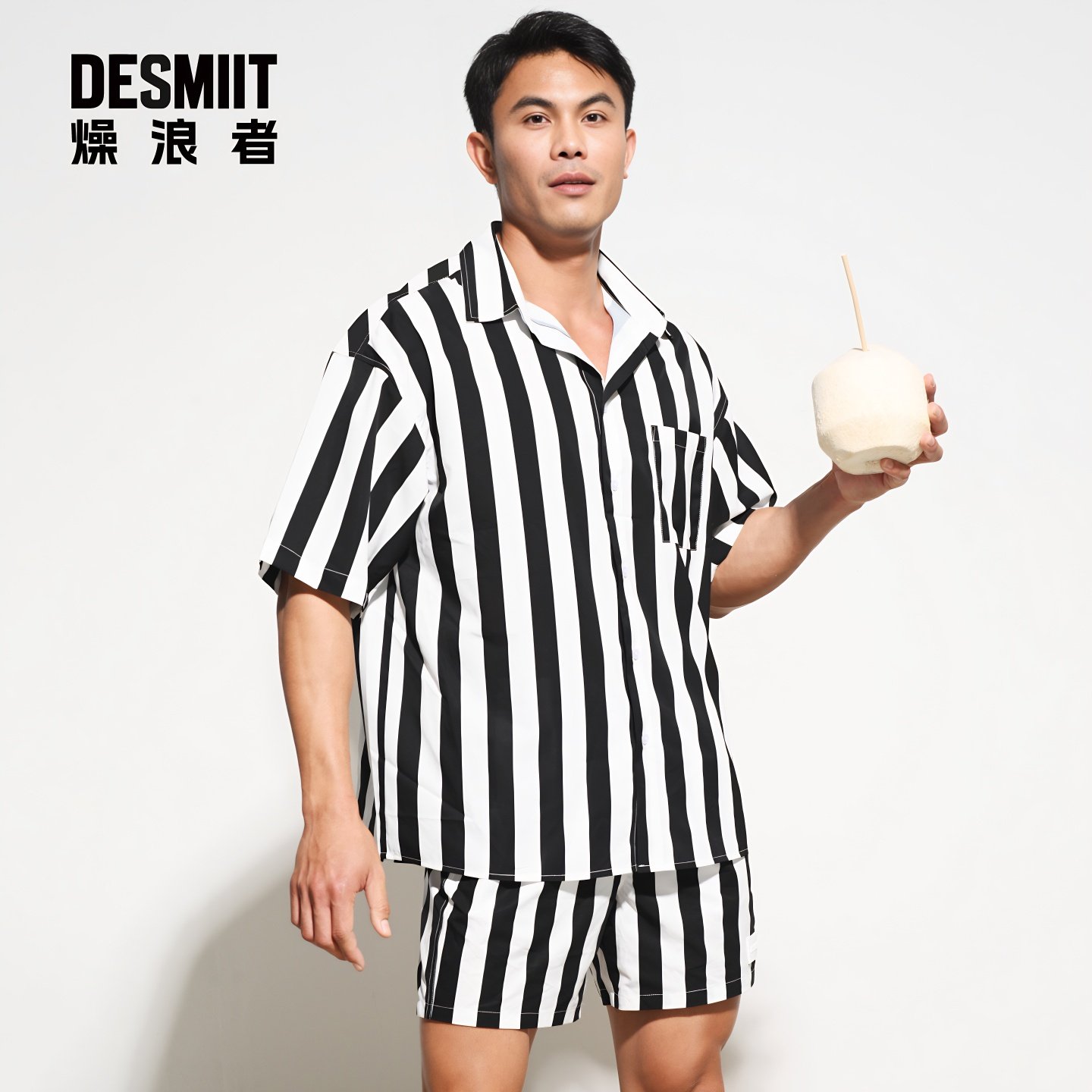 DESMIIT 男士短袖衬衫夏季条纹宽松薄款速干海滩度假休闲沙滩上衣