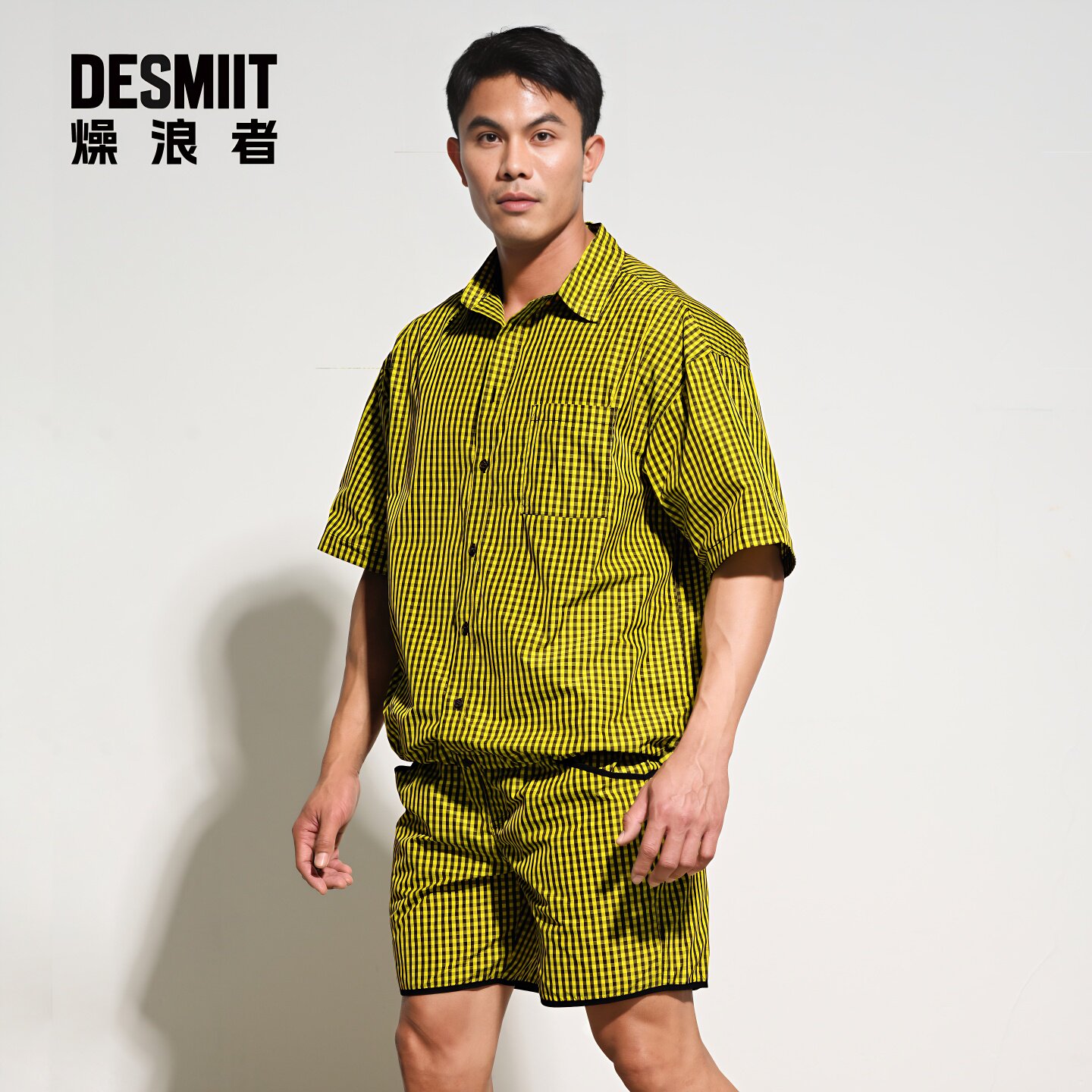 DESMIIT 男士短袖格子衬衫宽松薄款速干休闲海边度假游泳沙滩衬衣