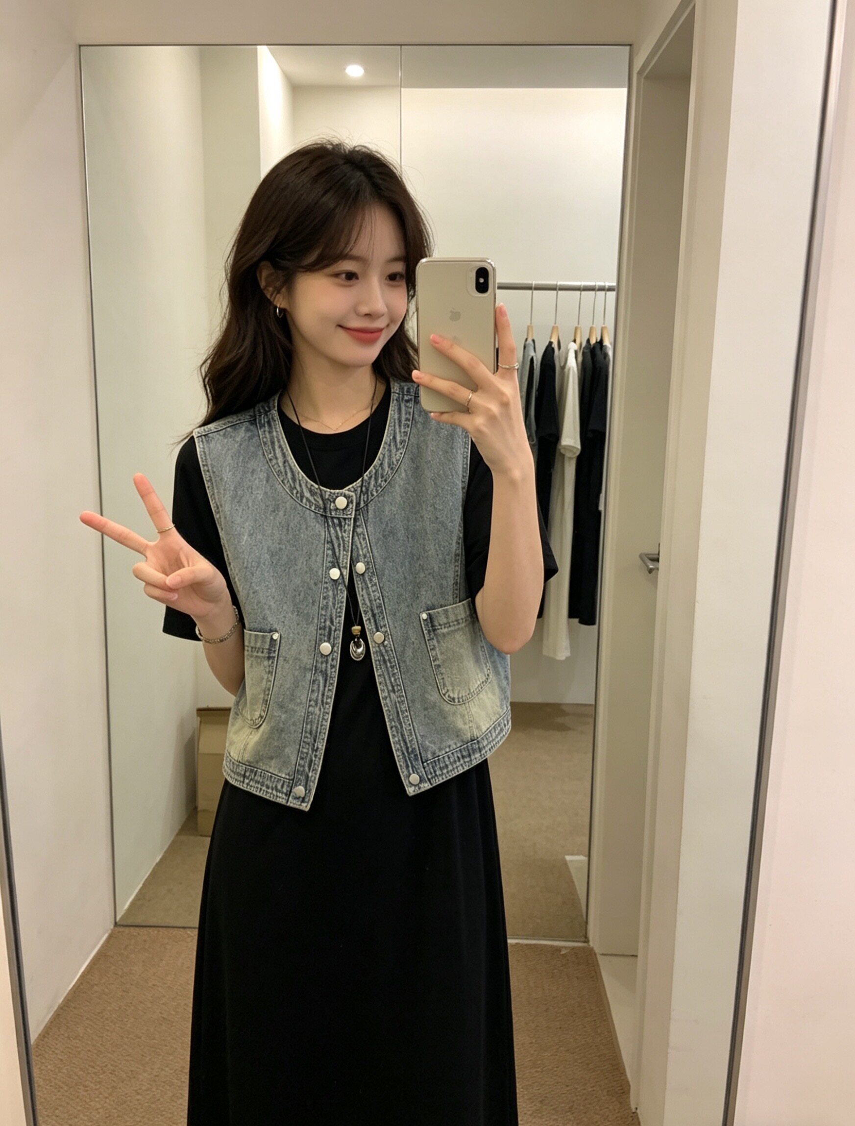 牛仔马甲两件套连衣裙女夏小个子气质显瘦宽松休闲减龄黑色T恤裙