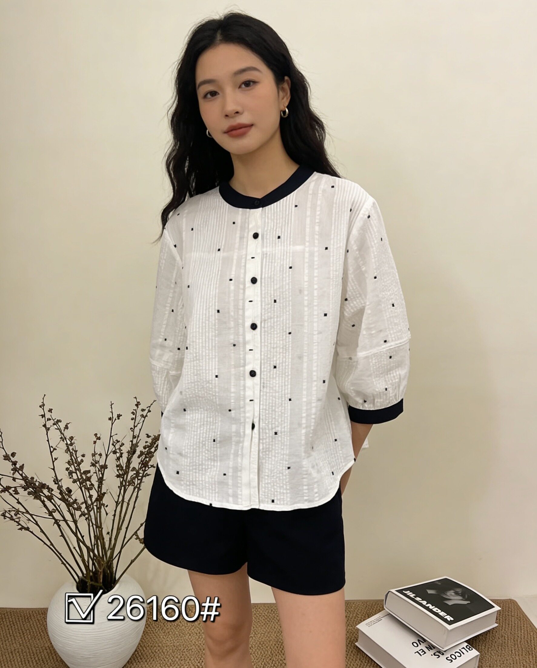韩系拼接撞色小立领半袖衬衫女2026夏季轻薄天丝亚麻点点宽松小衫