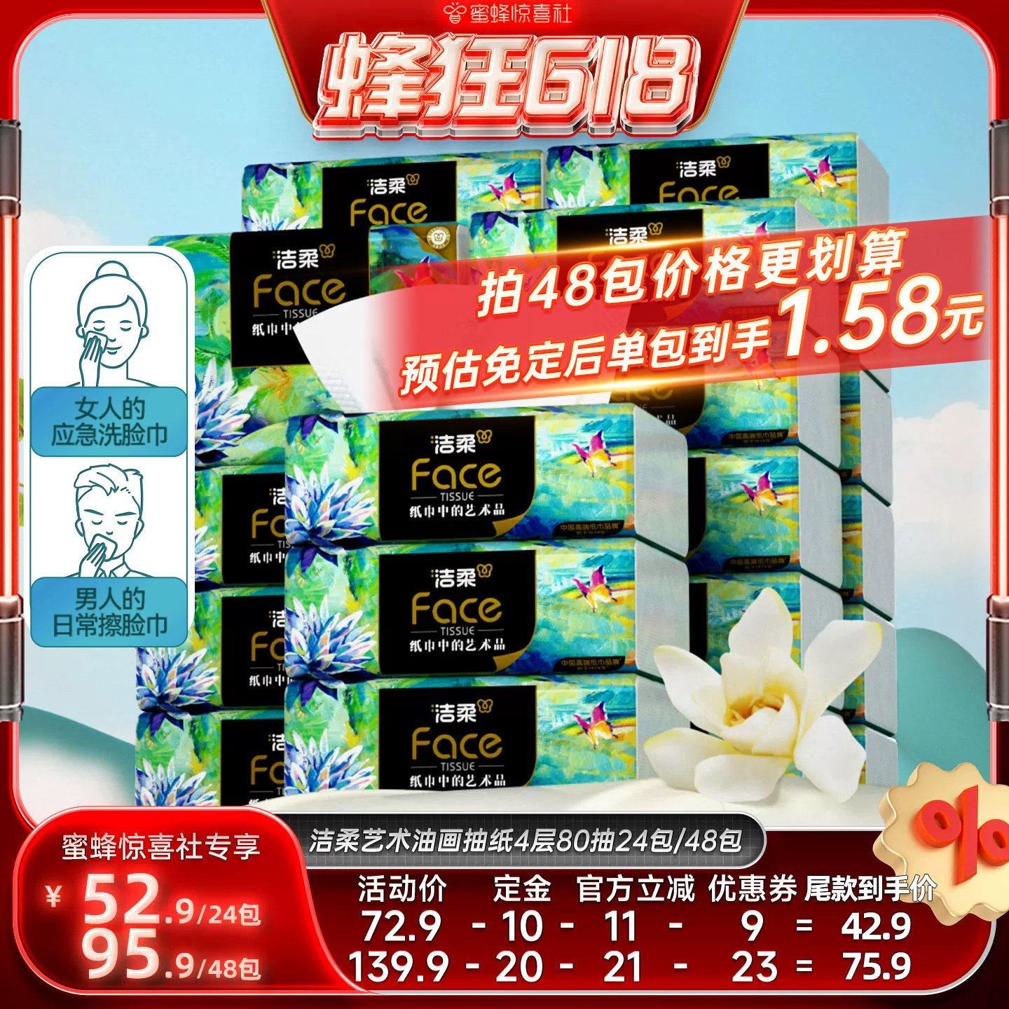 【蜂狂618】洁柔艺术油画抽纸加厚4层80抽24包/48包家用面巾纸
