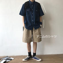短袖 男女复古外套 牛仔衬衫 日系复古工装 jiwuu 风夏季