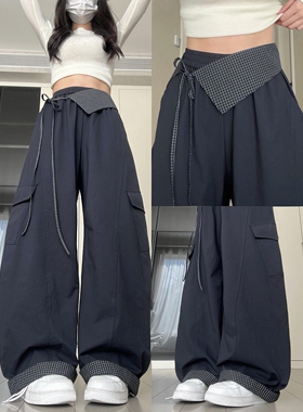 藏青色格纹屁帘裤女春秋2026新款裤子宽松bf慵懒风高腰窄版弯刀裤