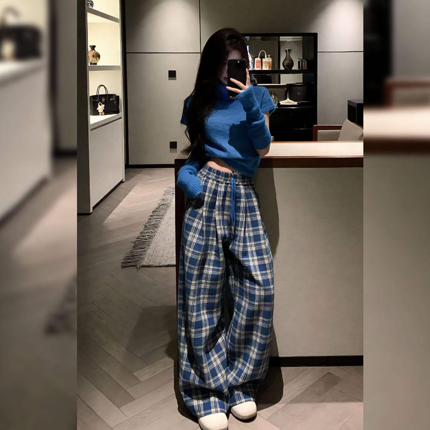休闲复古蓝色格子长裤抽绳高腰宽松直筒舒适保暖阔腿裤2026春季女,女装/女士精品,休闲裤,淘宝优惠券,粉丝福利购,淘宝优惠卷
