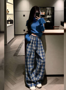 休闲复古蓝色格子长裤抽绳高腰宽松直筒舒适保暖阔腿裤2026春季女