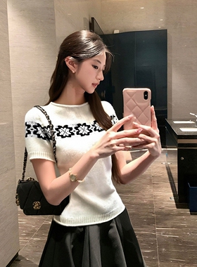 韩系白色费尔岛提花短袖针织衫女秋冬设计感毛衣打底衫内搭上衣厚