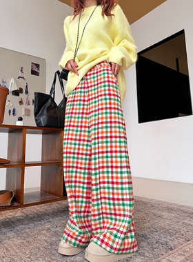 韩系松弛感彩虹格子直筒休闲裤女春季新款显瘦宽松垂感拖地长裤