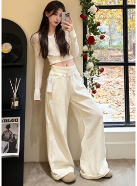 版型超好看的裤子冬加厚高级感运动风白色高腰直筒阔腿休闲卫裤女