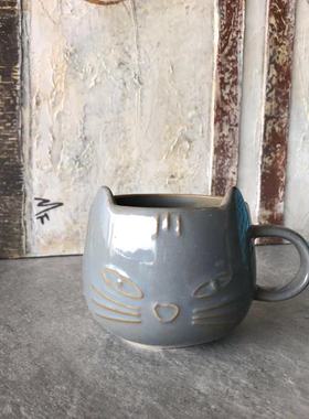 可爱猫咪造型陶瓷马克杯 水泥灰色复古手工釉 咖啡茶杯儿童牛奶杯